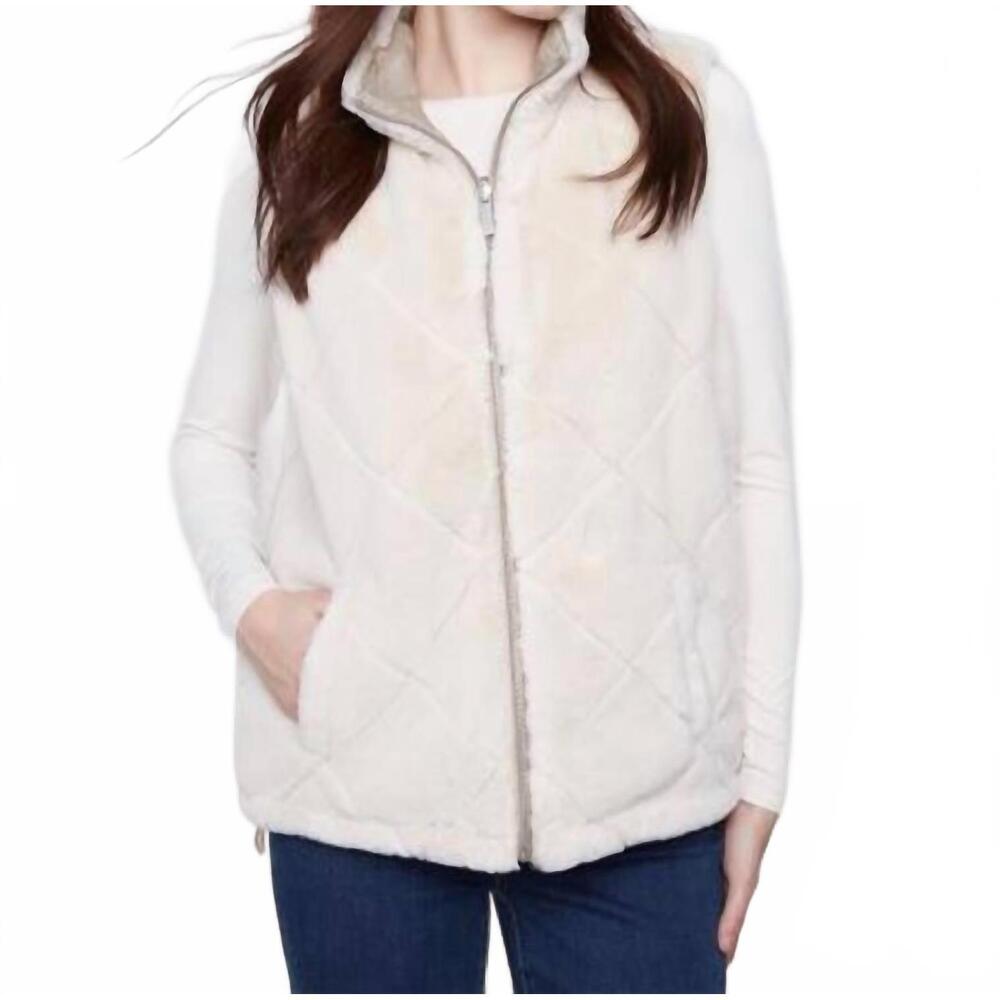 NEW CHARLIE B reversible quilted faux fur nylon vest in greige
